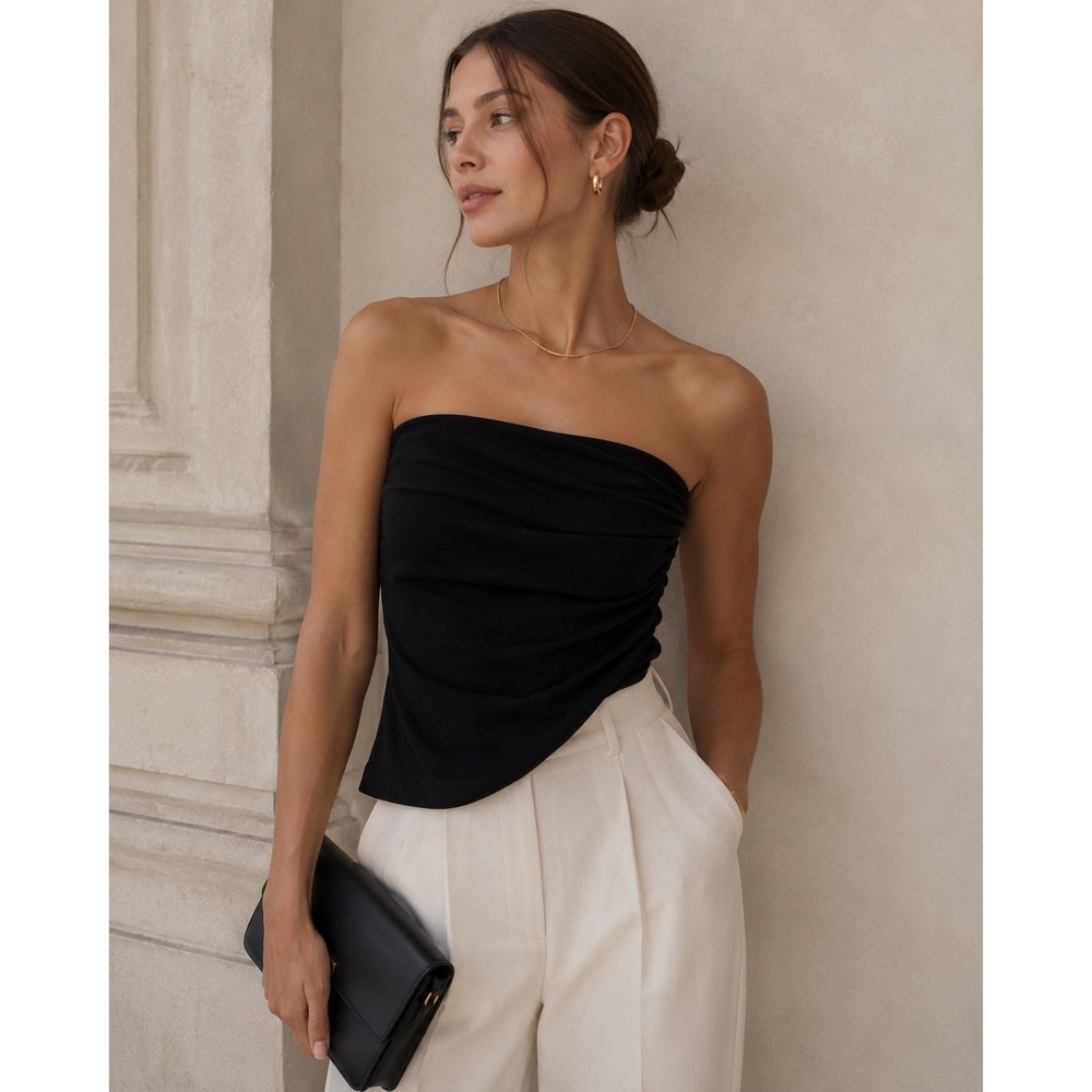 L'Academie Los Angeles Black Ruched Strapless Tube Top Side Zip Small